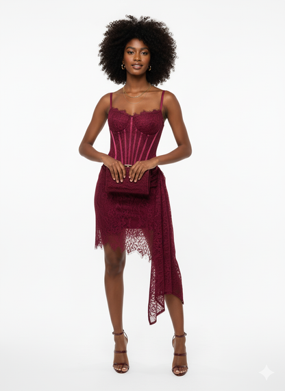 Elegant Lace Corset Dress – Burgundy