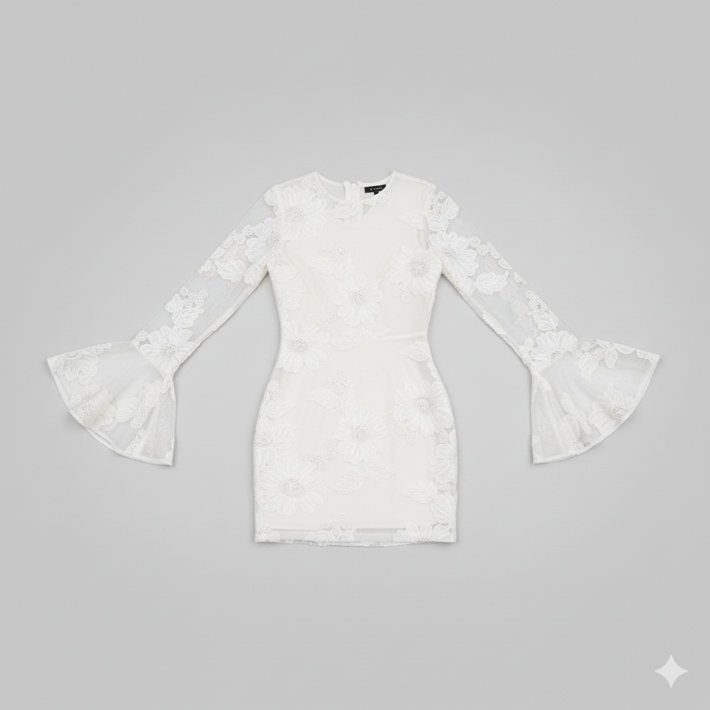 Floral Embroidered Mini Dress with Fluted Sleeves