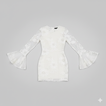 Floral Embroidered Mini Dress with Fluted Sleeves