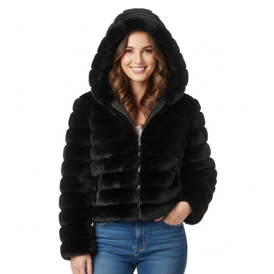 Black Faux Fur Cropped Hoodie Jacket with Zip