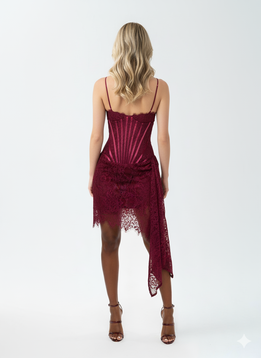Elegant Lace Corset Dress – Burgundy