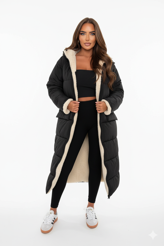 DOUBLE TROUBLE Black Reversible Borg Puffer Coat