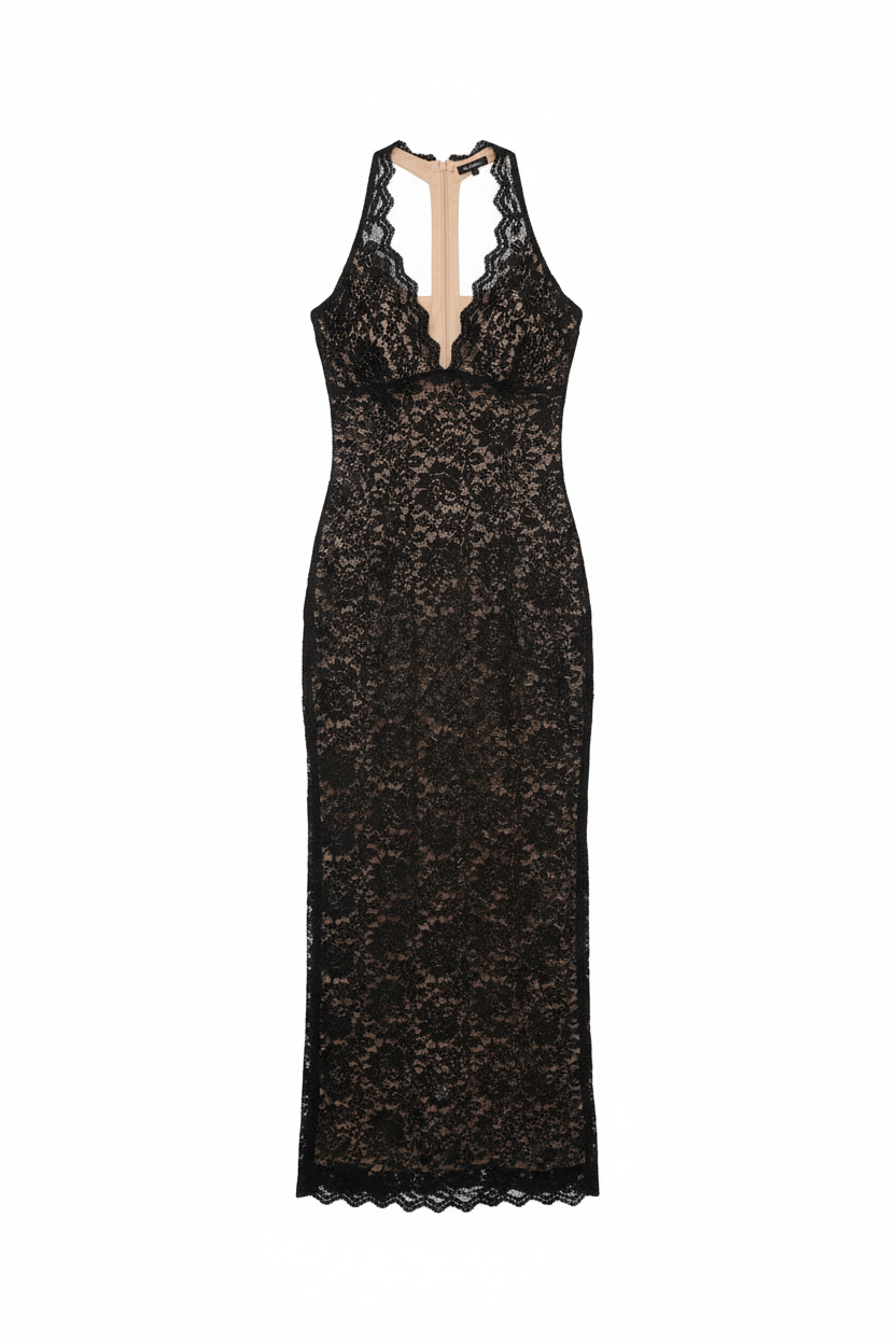 Black Lace Halter Maxi Dress – Elegant Seduction