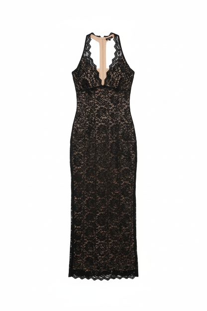 Black Lace Halter Maxi Dress – Elegant Seduction