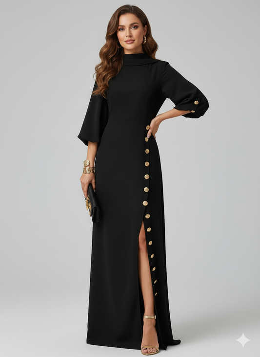 Elegant Puff Sleeve Maxi Dress with Side Split – Timeless Style & Comfort