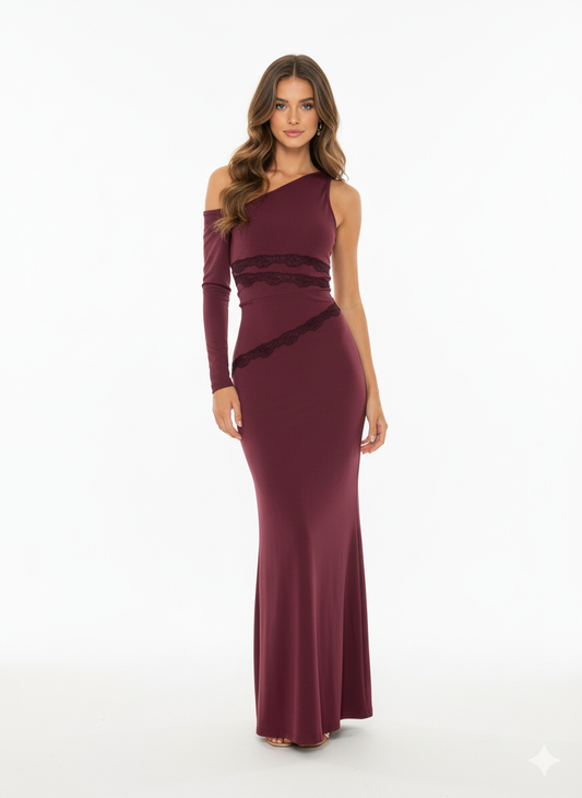 One-Shoulder Lace Maxi Dress – Wine