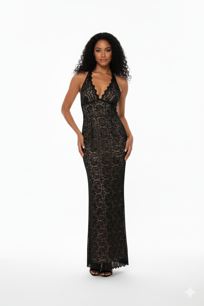 Black Lace Halter Maxi Dress – Elegant Seduction