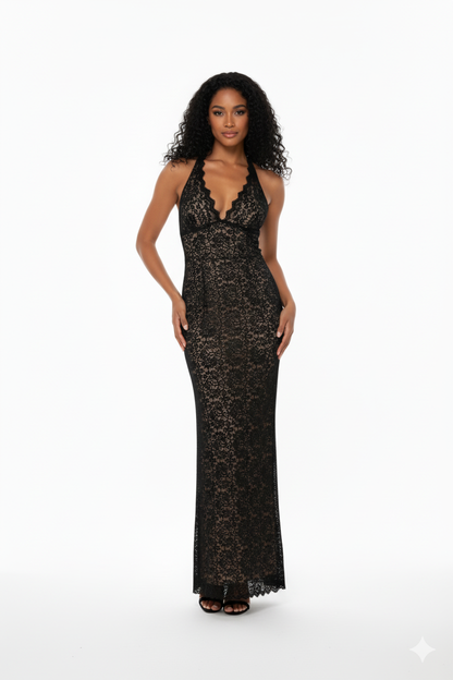 Black Lace Halter Maxi Dress – Elegant Seduction