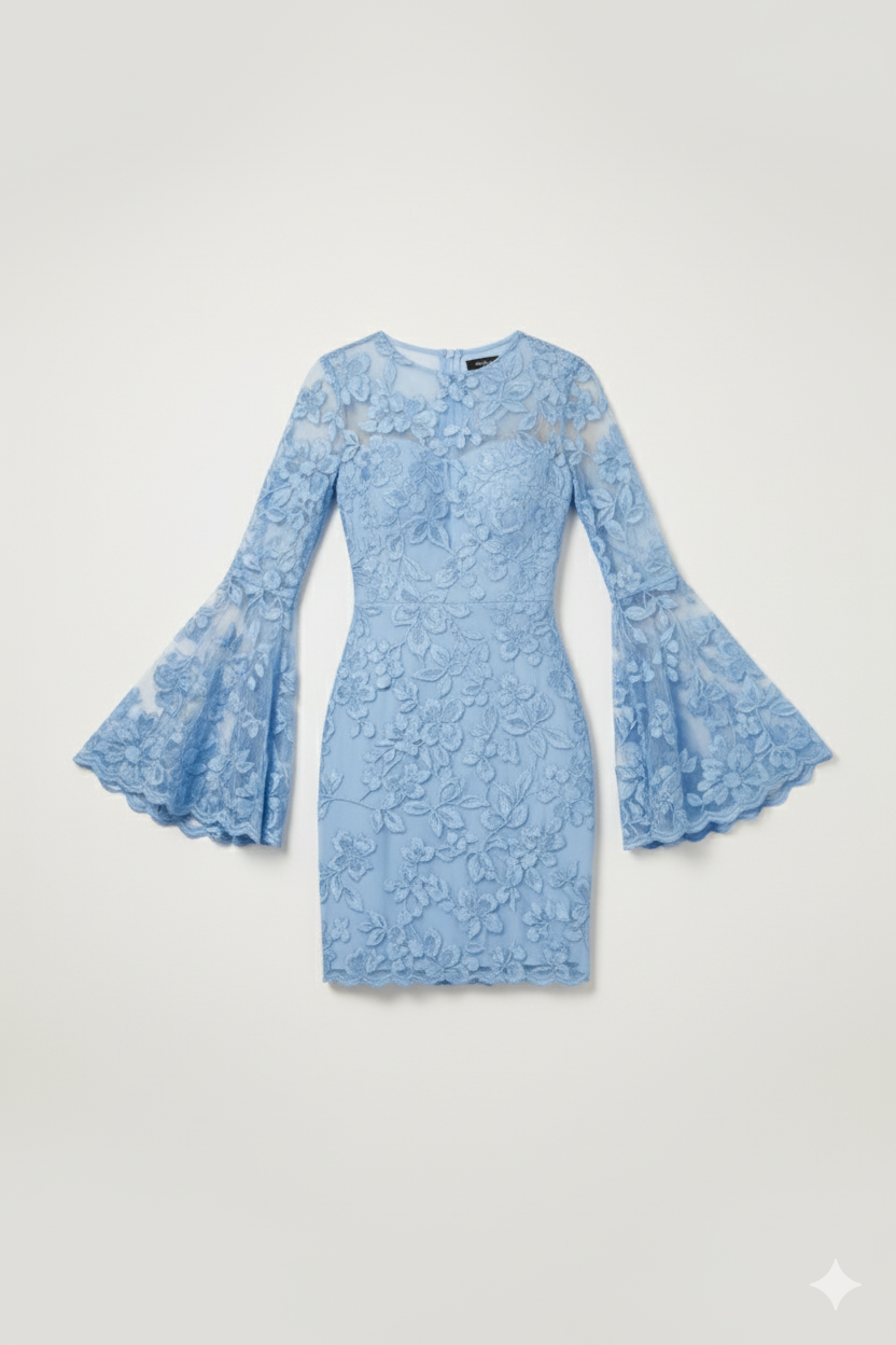 Floral Embroidered Mini Dress with Fluted Sleeves