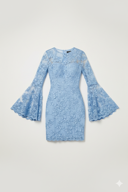 Floral Embroidered Mini Dress with Fluted Sleeves