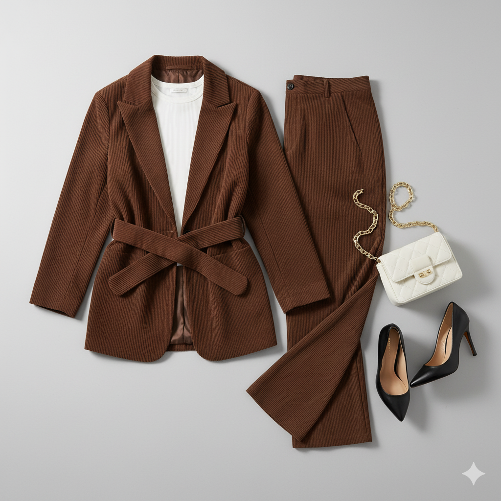 Chic “Ceinture” Brown Corduroy Suit