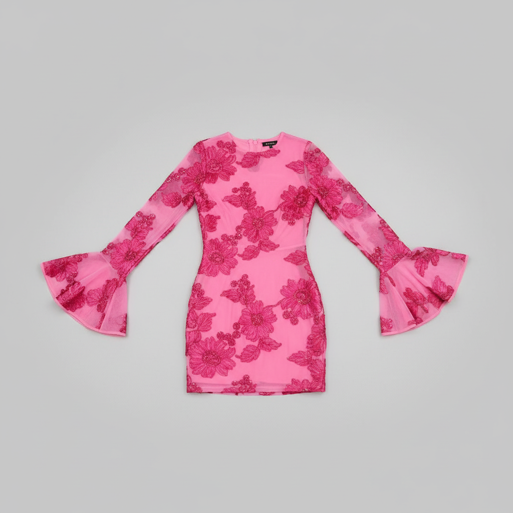 Floral Embroidered Mini Dress with Fluted Sleeves