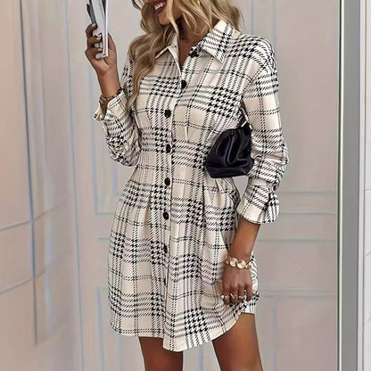 Elegant Checked A-Line Shirt Dress